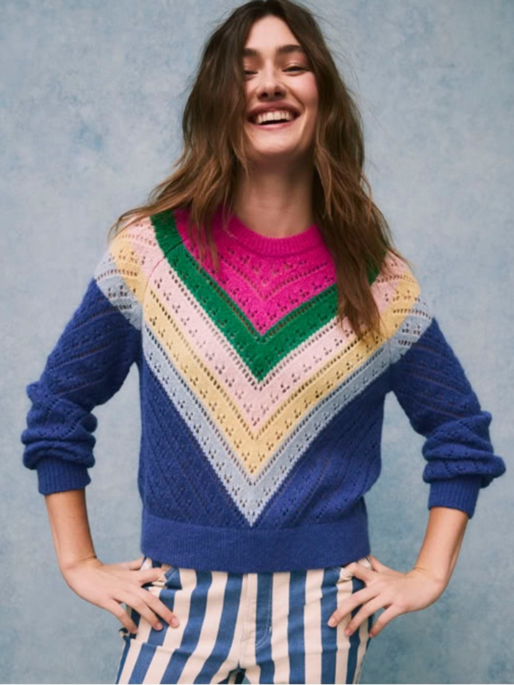 NWOT Boden Alice Raglan Crew Sweater - Blue, Pink, Green, Yellow